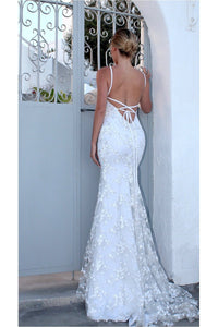 White Mermaid/ Trumpet Spaghetti straps Lace Applique Beading Long Prom Dresses