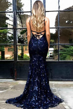 Dark Navy Mermaid/ Trumpet Spaghetti straps Lace Applique Beading Long Prom Dresses