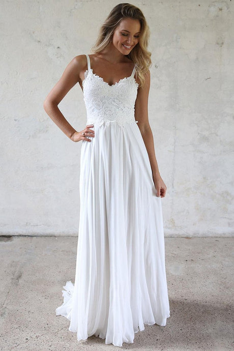 White A-line Spaghetti Straps Lace Top Wedding Dresses