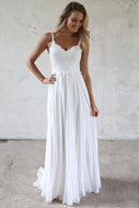 White A-line Spaghetti Straps Lace Top Wedding Dresses
