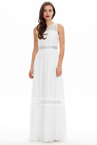 White Long Scoop Neck A-line Chiffon White Sleeveless Evening Dress