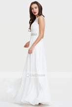 White Long Scoop Neck A-line Chiffon White Sleeveless Evening Dress