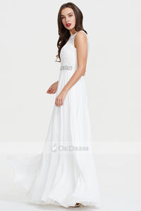 White Long Scoop Neck A-line Chiffon White Sleeveless Evening Dress
