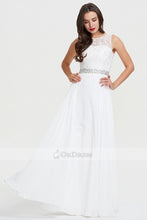 White Long Scoop Neck A-line Chiffon White Sleeveless Evening Dress