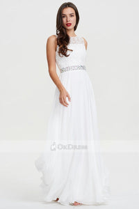 White Long Scoop Neck A-line Chiffon White Sleeveless Evening Dress