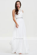 White Long Scoop Neck A-line Chiffon White Sleeveless Evening Dress