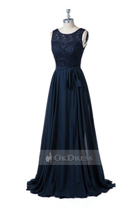 Dark Navy Lace and Chiffon Sleeveless Bridesmaid Dresses