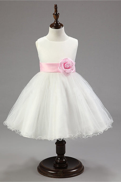 Glittering Sleeveless Tea-length Ball Gown Tulle Pink Flower Girl Dresses