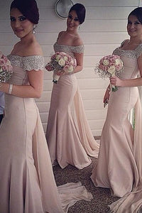 Pink Bright Short Sleeve Trumpet/Mermaid Zipper Off-the-Shoulder Bridesmaid Dresses