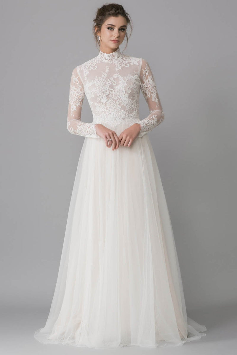 High Neck Soft Tulle Wedding Dress with Full-Length – Okeydress