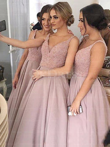 Pink A-line Sleeveless V-neck Sweep Train Sequins Bridesmaid Dresses