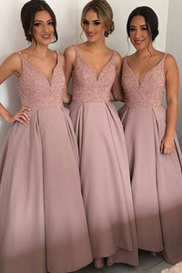 Pink A-line Sleeveless V-neck Sweep Train Sequins Bridesmaid Dresses