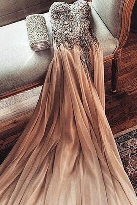 Shining Sleeveless Chiffon Natural Champagne Prom Dresses