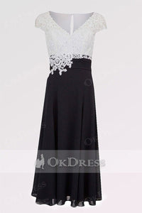 Black A-line Cap Sleeves Long Chiffon Lace Mother of the Bride Dresses