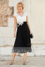 Black A-line Cap Sleeves Long Chiffon Lace Mother of the Bride Dresses