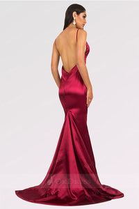 Burgundy Long Mermaid V-neck Satin Backless Prom Dresses