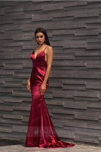 Burgundy Long Mermaid V-neck Satin Backless Prom Dresses