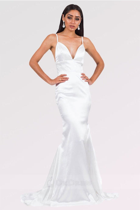 White Long Mermaid V-neck Satin Backless Prom Dresses