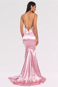 Pink Long Mermaid V-neck Satin Backless Prom Dresses