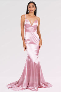 Pink Long Mermaid V-neck Satin Backless Prom Dresses