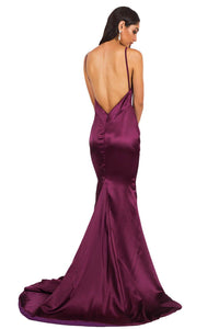 Grape Long Mermaid V-neck Satin Backless Prom Dresses