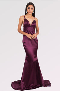 Grape Long Mermaid V-neck Satin Backless Prom Dresses