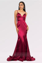 Burgundy Long Mermaid V-neck Satin Backless Prom Dresses