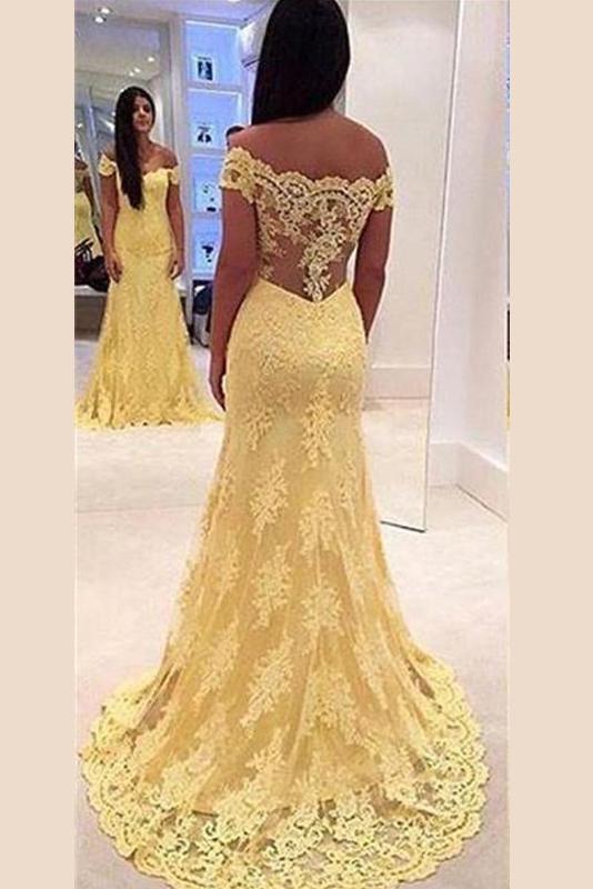 Yellow Exclusive A-line/Princess Off-the-Shoulder Long Lace Prom Dresses