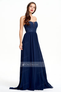 Dark Navy Sheath A-line Sweetheart Natural Sleeveless Zipper Backline Navy Evening Gown