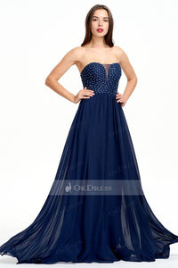 Dark Navy Sheath A-line Sweetheart Natural Sleeveless Zipper Backline Navy Evening Gown