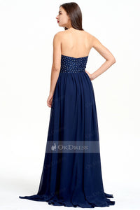 Dark Navy Sheath A-line Sweetheart Natural Sleeveless Zipper Backline Navy Evening Gown