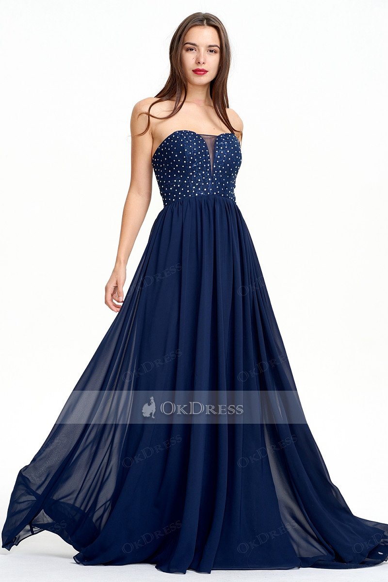 Dark Navy Sheath A-line Sweetheart Natural Sleeveless Zipper Backline Navy Evening Gown