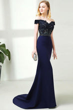 Dark Navy Off-the-Shoulder Lace Bodice Beaded Waist Mermaid Prom Dresses