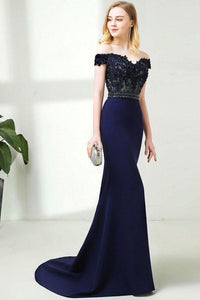 Dark Navy Off-the-Shoulder Lace Bodice Beaded Waist Mermaid Prom Dresses