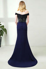 Dark Navy Off-the-Shoulder Lace Bodice Beaded Waist Mermaid Prom Dresses