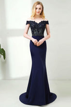 Dark Navy Off-the-Shoulder Lace Bodice Beaded Waist Mermaid Prom Dresses