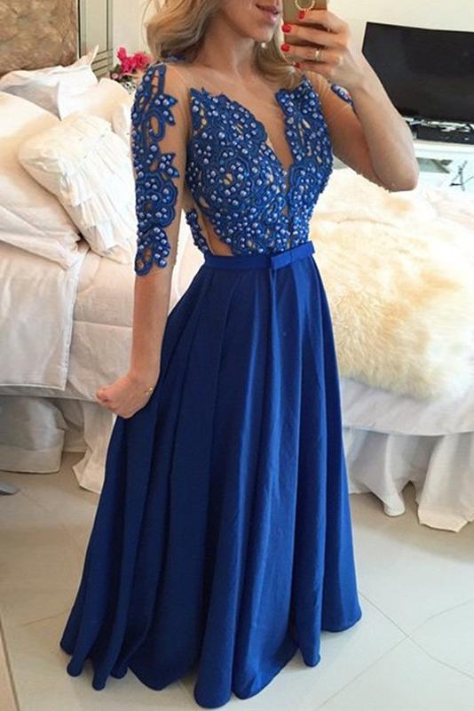 Precious A-line Chiffon Scoop 1/2 Sleeves Prom Dresses