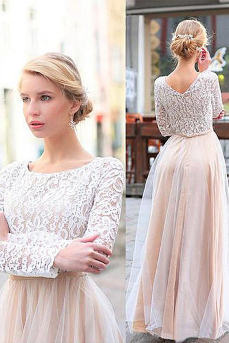Floor-length Long Sleeves Pearl Pink Zipper Natural Prom Dresses