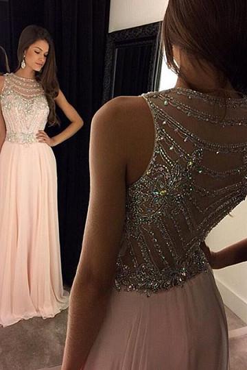 pink A-line Scoop Beading Zipper Up at Side Floor-length Prom Dresses