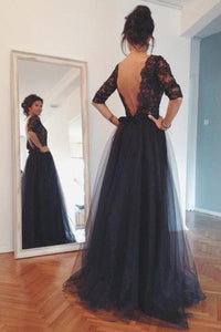 Nice A-line/Princess 3/4 Sleeves Beading Long Lace Tulle Prom Dresses