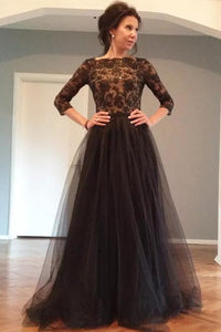 Nice A-line/Princess 3/4 Sleeves Beading Long Lace Tulle Prom Dresses