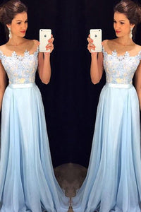 Delicate Sky Blue A-line Long Chiffon Sleeveless Scoop Prom Dresses