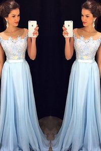 Delicate Sky Blue A-line Long Chiffon Sleeveless Scoop Prom Dresses