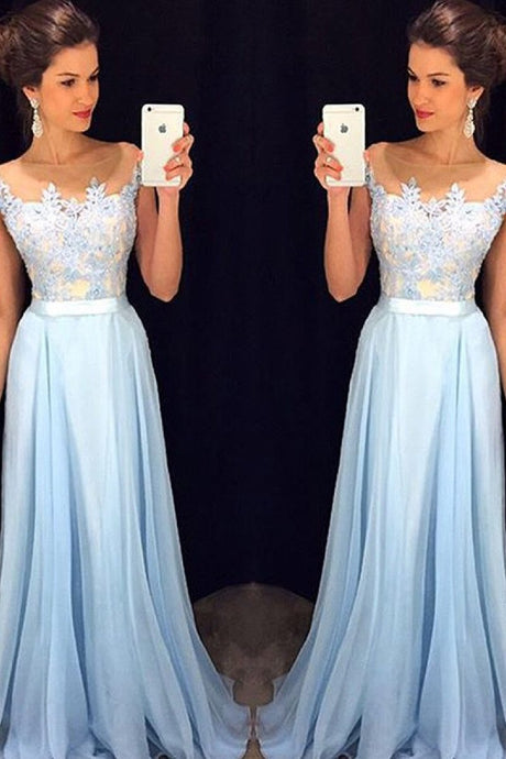 Delicate Sky Blue A-line Long Chiffon Sleeveless Scoop Prom Dresses