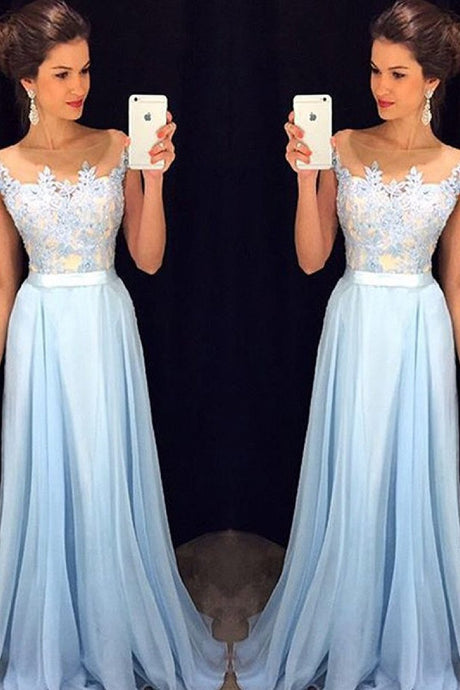 Delicate Sky Blue A-line Long Chiffon Sleeveless Scoop Prom Dresses