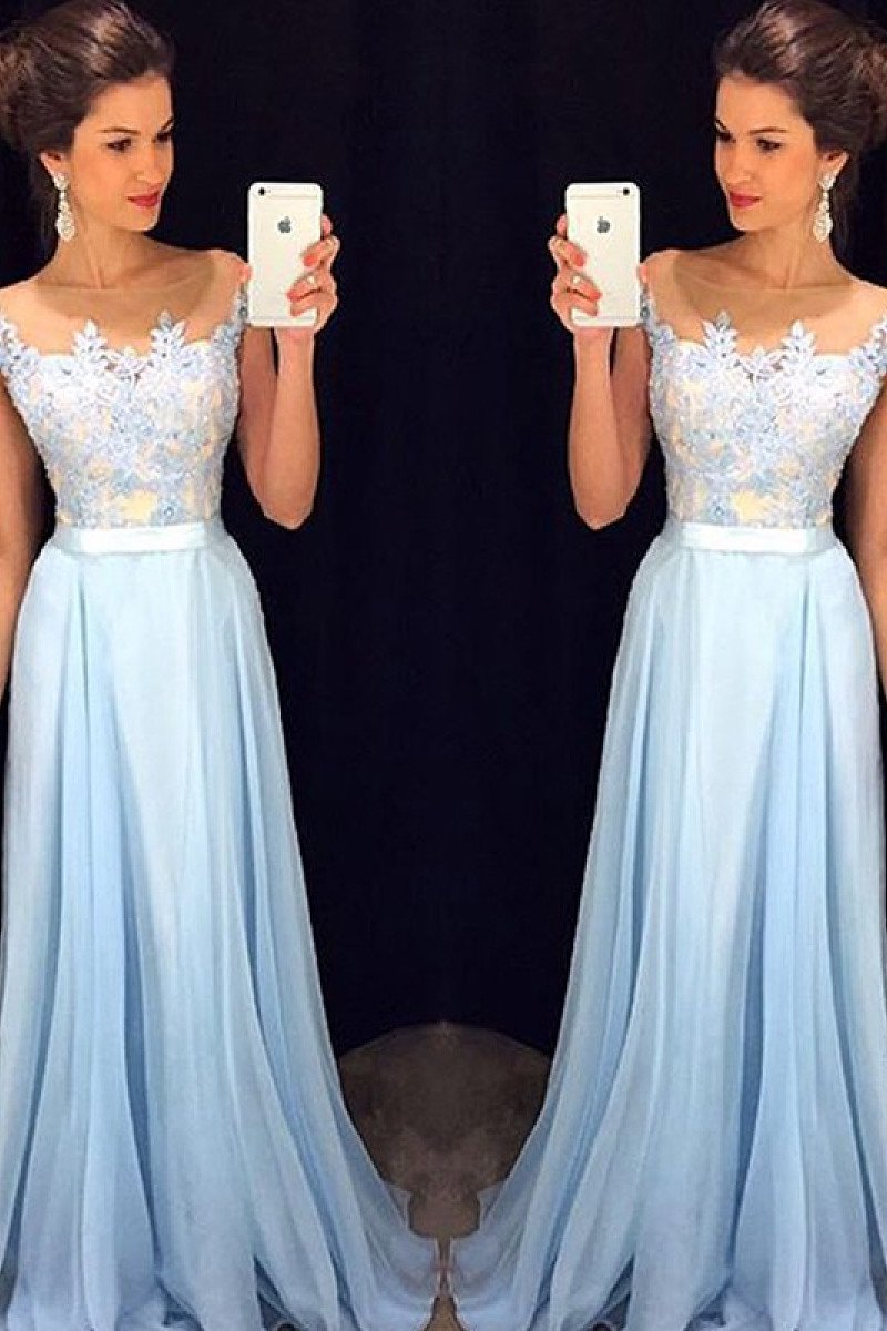 Delicate Sky Blue A-line Long Chiffon Sleeveless Scoop Prom Dresses