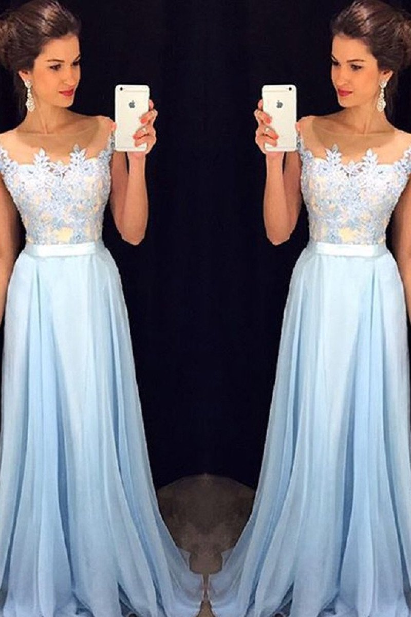 Delicate Sky Blue A-line Long Chiffon Sleeveless Scoop Prom Dresses