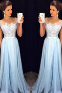Delicate Sky Blue A-line Long Chiffon Sleeveless Scoop Prom Dresses