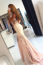 Champagne Awesome Strapless Sleeveless Appliques Lace Trumpet/Mermaid Long Tulle Prom Dresses