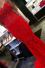 Red Awesome Strapless Sleeveless Appliques Lace Trumpet/Mermaid Long Tulle Prom Dresses